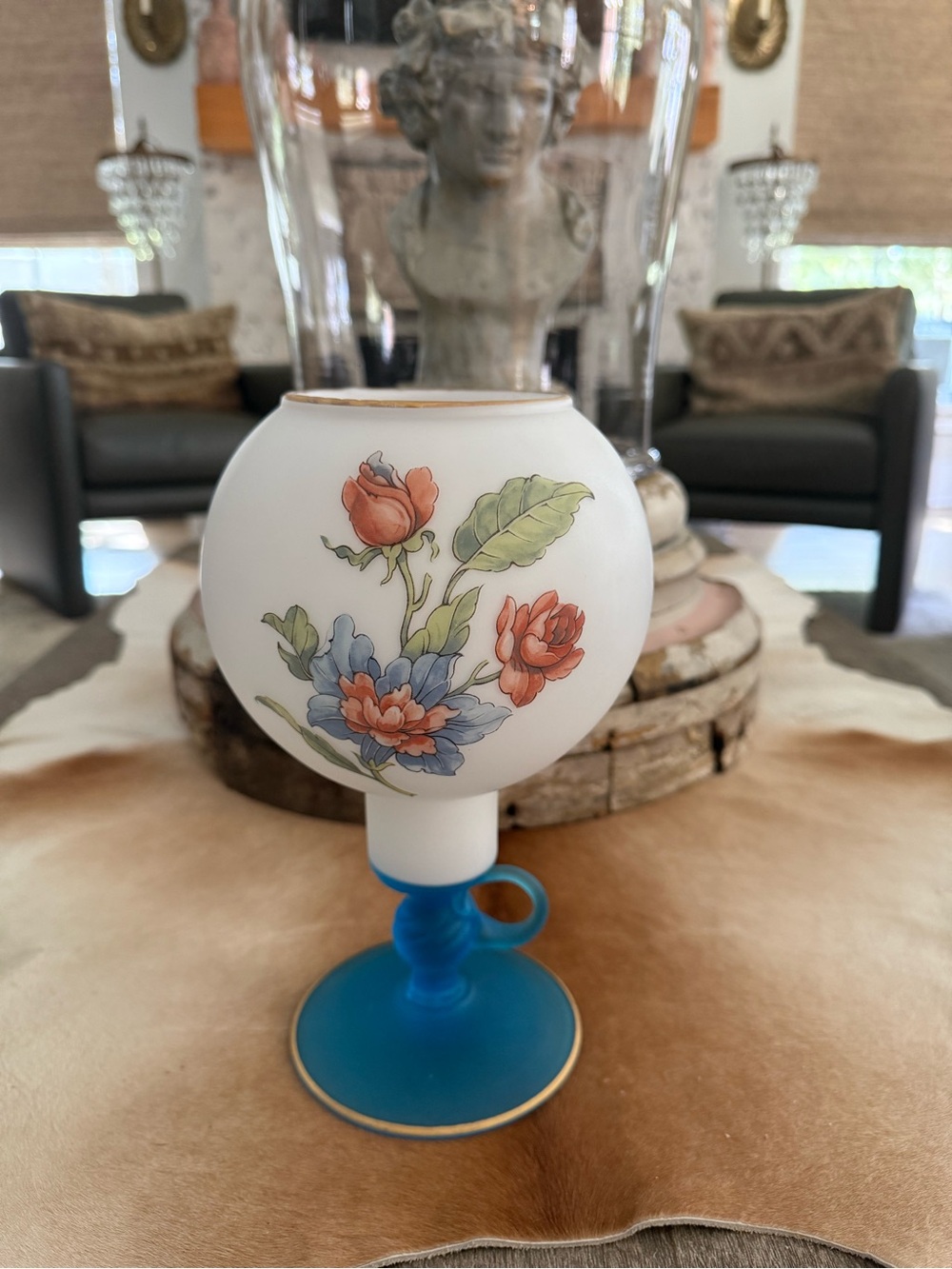 Vintage Norleans Floral Design Frosted Glass Globe Candle Holder Lamp Blue Base